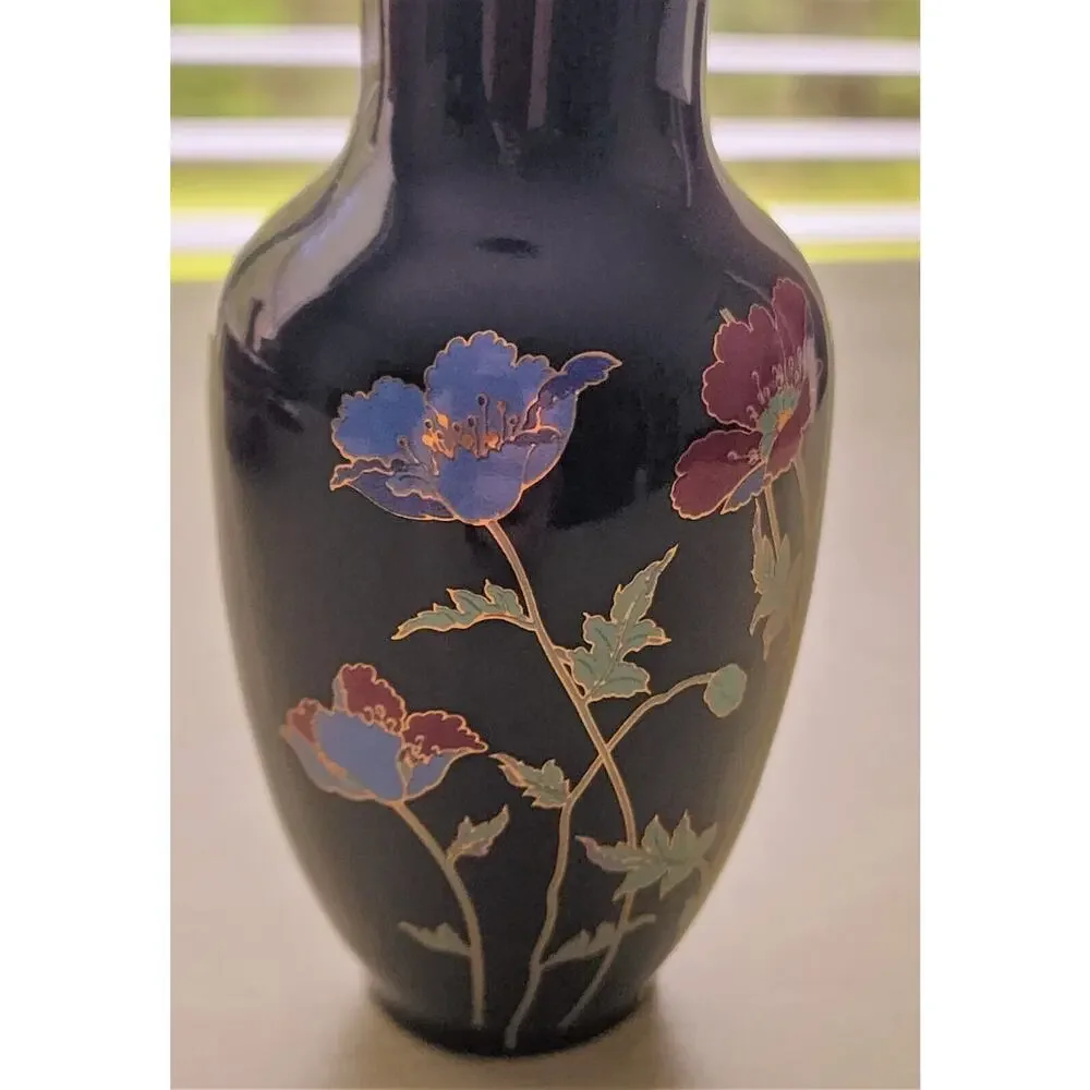 Japanese Black Floral Vase Gold Trim Poppy Design 6